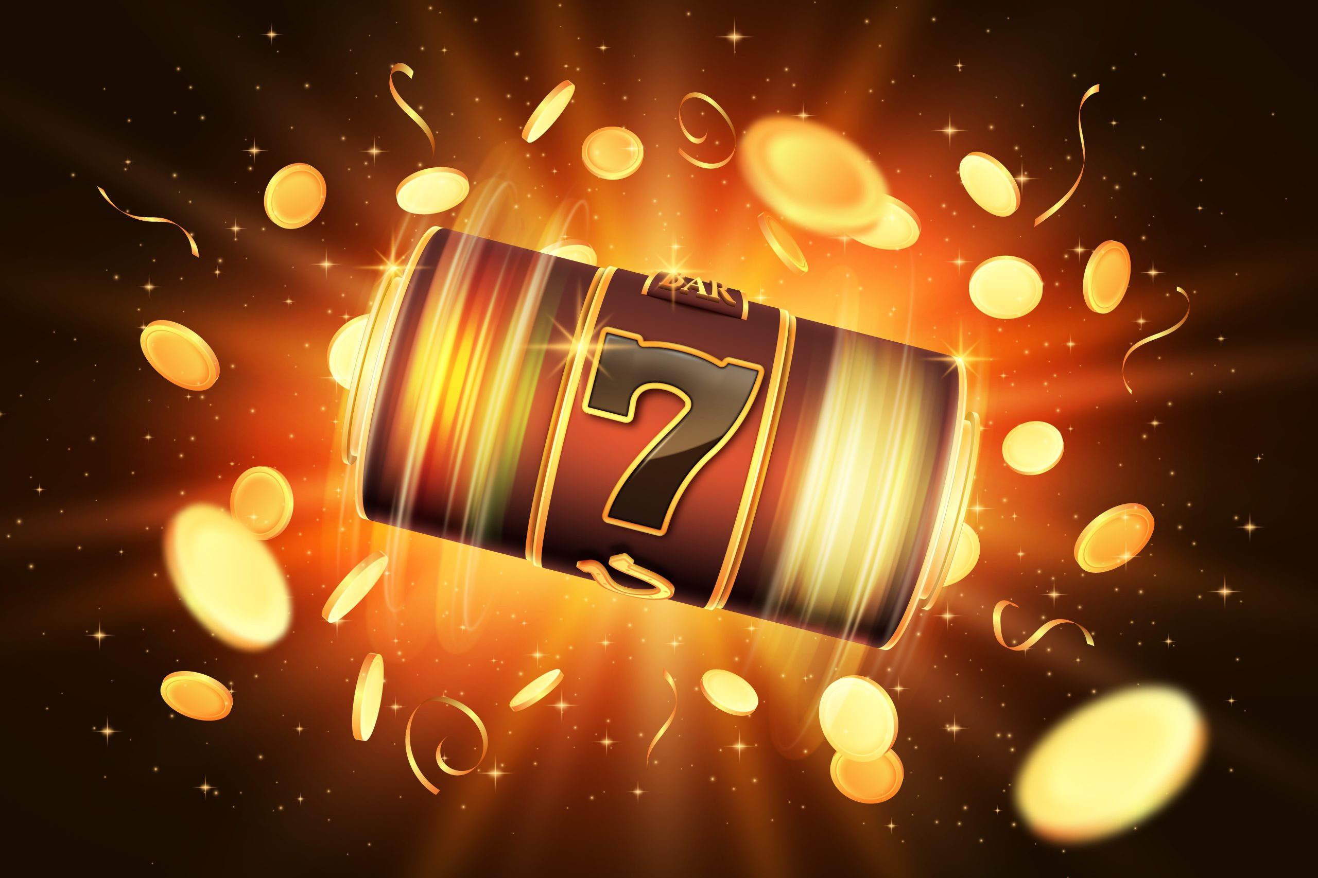 Casino slot. Online jackpot rotating machine, spin in money game, win cash or gold in successful lottery, 777 big lucky winner. Gambling banner with 3d isolated elements. Vector design background