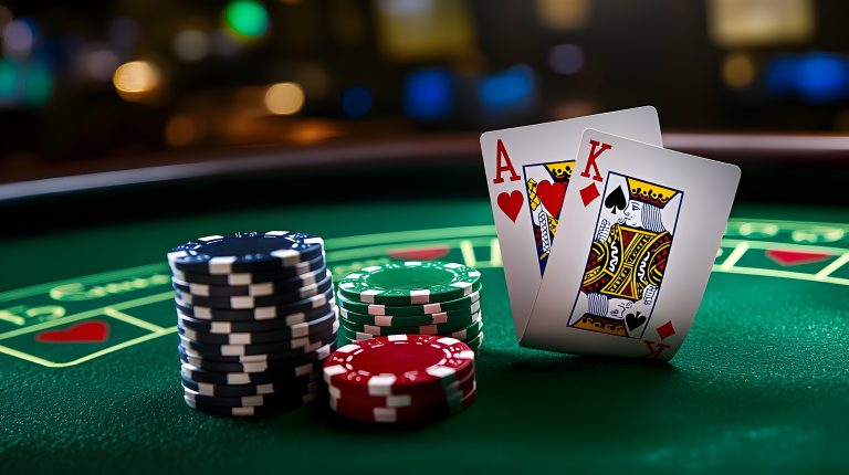 Blackjack Table with a Winning Hand of 21 and Soft Beige Backgro